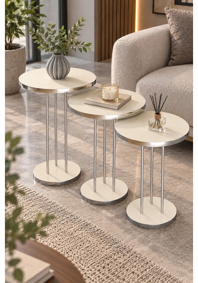 Sulorahome Gümüş Metal Ayaklı Krem Bej 3'lü Yuvarlak Zigon Sehpa Takımı