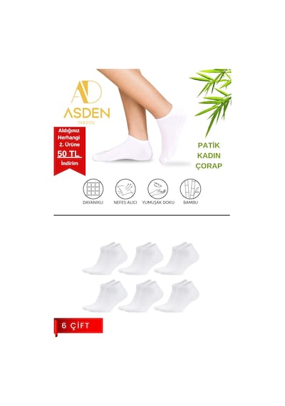 Asden Bambu Kadın Patik Çorap Beyaz 12'li, Dikişsiz, Soft Yıkamalı, Premium 6 Çift Beyaz Patik