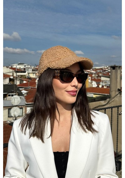 Mollycrush Kadın Teddy Dokulu Kışlık Kadın Vizör Şapka Yumuşak Kuzu Kürk Görünümlü Model Turuncu