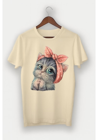 Sevimli Kedi Baskılı Oversize T-shirt Taş