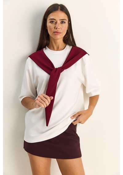 Shade Kadın Şal Detaylı Oversize Basic T-shirt 1094 60286118 - Beyaz-bordo Çok Renkli
