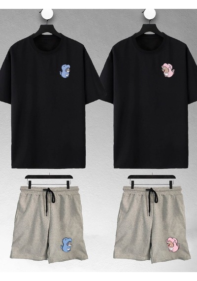 Unisex Kadın Erkek Dinozor Tom Ve Jerry Baskılı Sevgili Çift Kombini Tasarım Oversize Tshirt Ve Şort Siyah-gri Mck2318 Siyah-Gri