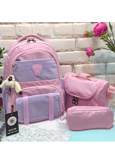 Pudra-lila Suya Dayanıklı İlk Okul Çantası 3'lü Set Kız Çocuk Sırt İlkokul Çantası 8020 Pembe