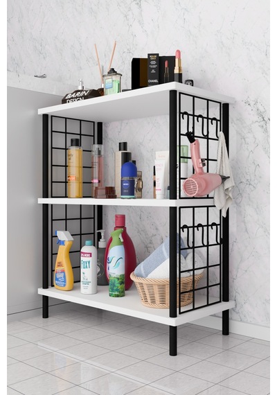 3raflı Telli Çevir Kur Çok Amaçlı Banyo Rafı Dolabı Metal Gövdeli Organizer Düzenleyici Saklama Rafı Beyaz