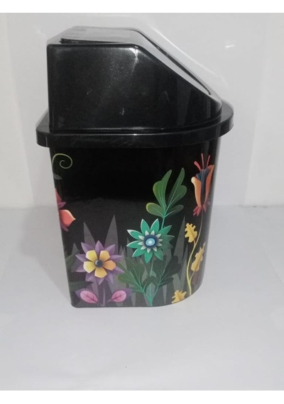 24x13 Cm Ebatınta 3lt Klick Kapaklı Siyah Çiçek Desenli Lüks Şık Çöp Kovası
