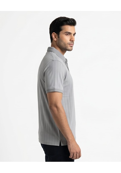 Özeniş Erkek Polo Yaka Slim Fit Çizgili Desen Kaşkorse T-shirt Gri