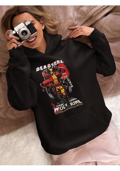 Sevbano Deadpool Wolverine Süper Kahramanlar Baskılı Unisex Oversize Film Siyah