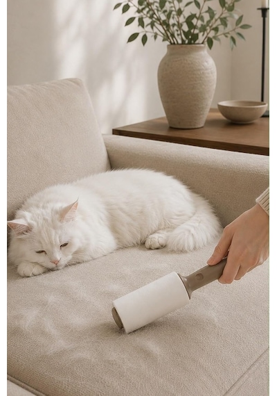 Tüy Toplayıcı Rulo Seti, Beyaz Renk, Patili Ergonomik Sap, 2 Yedek Rulo Hediyeli Toplam 90 Yaprak , Kedi Ve Köpek Tüyü, Kıyafet, Koltuk Ve Araç İçi Temizleyici