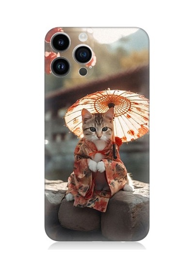 Apple Uyumlu iPhone 14 Pro Max Geyşa Kıyafetli Kedi Desenli Silikon Kılıf