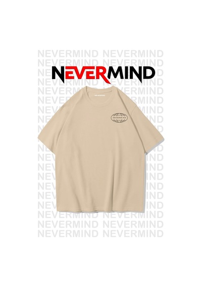 Nevermind Oversize Unisex Tişört Grafik Baskılı, Rahat Kalıp Bej