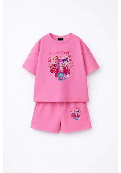 Fasardi Kpop Demon Hunters Huntrix Zoey Rumi Mira Baskılı Oversize %100 Pamuk Tişört Şort Çocuk Takım Pembe