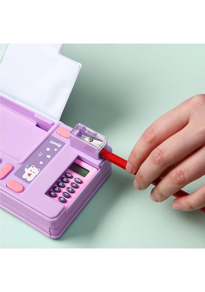 Çok Fonksiyonlu Kalem Kutusu Kalemlik Sevimli Uzay Unicorn Temalı Otomatik Kalemlik Hesap Makinesi Mor