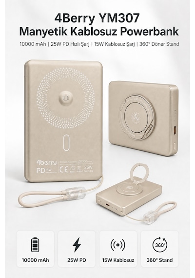 Ym307 10000 Mah Manyetik Kablosuz Powerbank 25w Pd Hızlı Şarj, 15w Kablosuz Şarj Ve 360 Döner Stand Gold