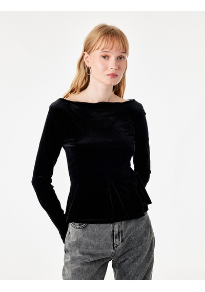 Koton Kadife Slim Fit Kayık Yaka Uzun Kollu Tişört Siyah 7wal10032ık