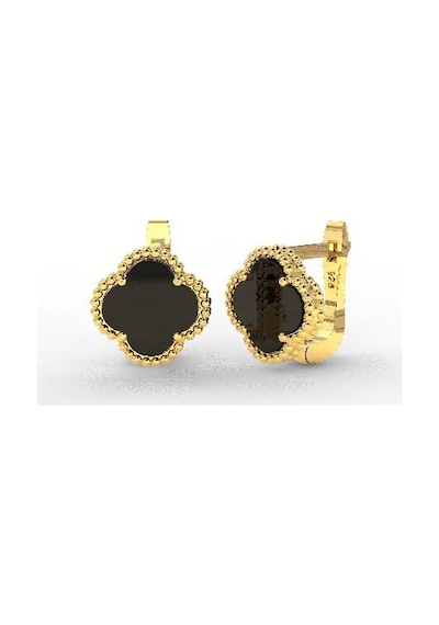Roza Silver 925 Ayar Oniks Taşlı Gold Yonca Gümüş Küpe Re10197