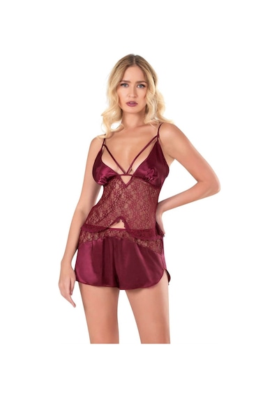 İkikareshop Bordo Saten Babydoll Şort Takımı Çok Renkli