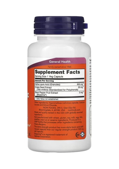 Now Foods Alpha Lipoic Acid+Grape Seed Extra Strength 600 Mg 60 Kapsül