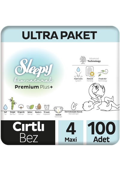 Sleepy Bio Natural Premium Plus Ultra Paket Bebek Bezi 4 Numara Maxi 100 Adet 4 Numara