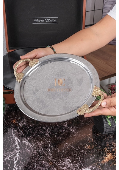 3 Adet 25 Cm Krom Çelik Kahve Tepsisi Pirinç Kulplu Nakışlı Desenli Dekoratif Servis Sunum Tepsisi Gümüş