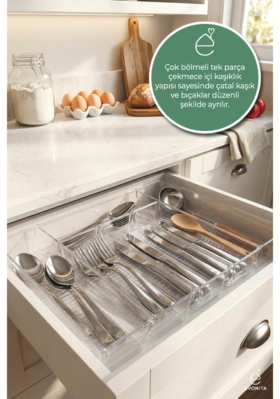 Çekmece İçi Kaşıklık Organizer Set 6 Parça Şeffaf Mutfak Çatal Kaşık Düzenleyici Bölmeli Beyaz