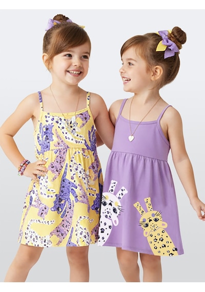 Denokids Muzip Kediler Kız Çocuk 2'li Elbise Çok Renkli