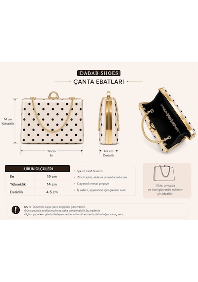 Lebibe Shoes Penelope Kadın Puantiyeli Saten Zincir Askılı Metal Çerçeveli Krem Abiye El Ve Omuz Çantası