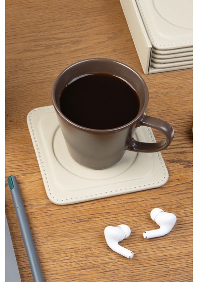 Bardak Altlığı,6 Lı Set,masaüstü Yuvarlak Cup Coaster,vegan Suni Deri,11x11 Cm.,bej Bej