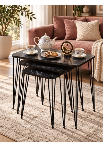 Odera Bendir Siyah Mermer Desenli Zigon Sehpa 3'lü Set Metal Tel Ayaklı Modern Retro Salon Sehpası Diğer