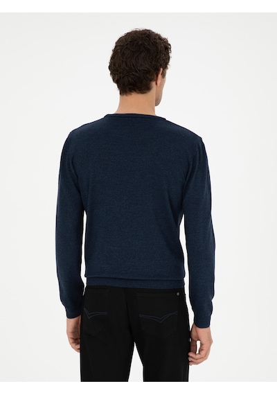 Cacharel Lacivert Slim Fit Yün Karışımlı Bisiklet Yaka Triko Kazak
