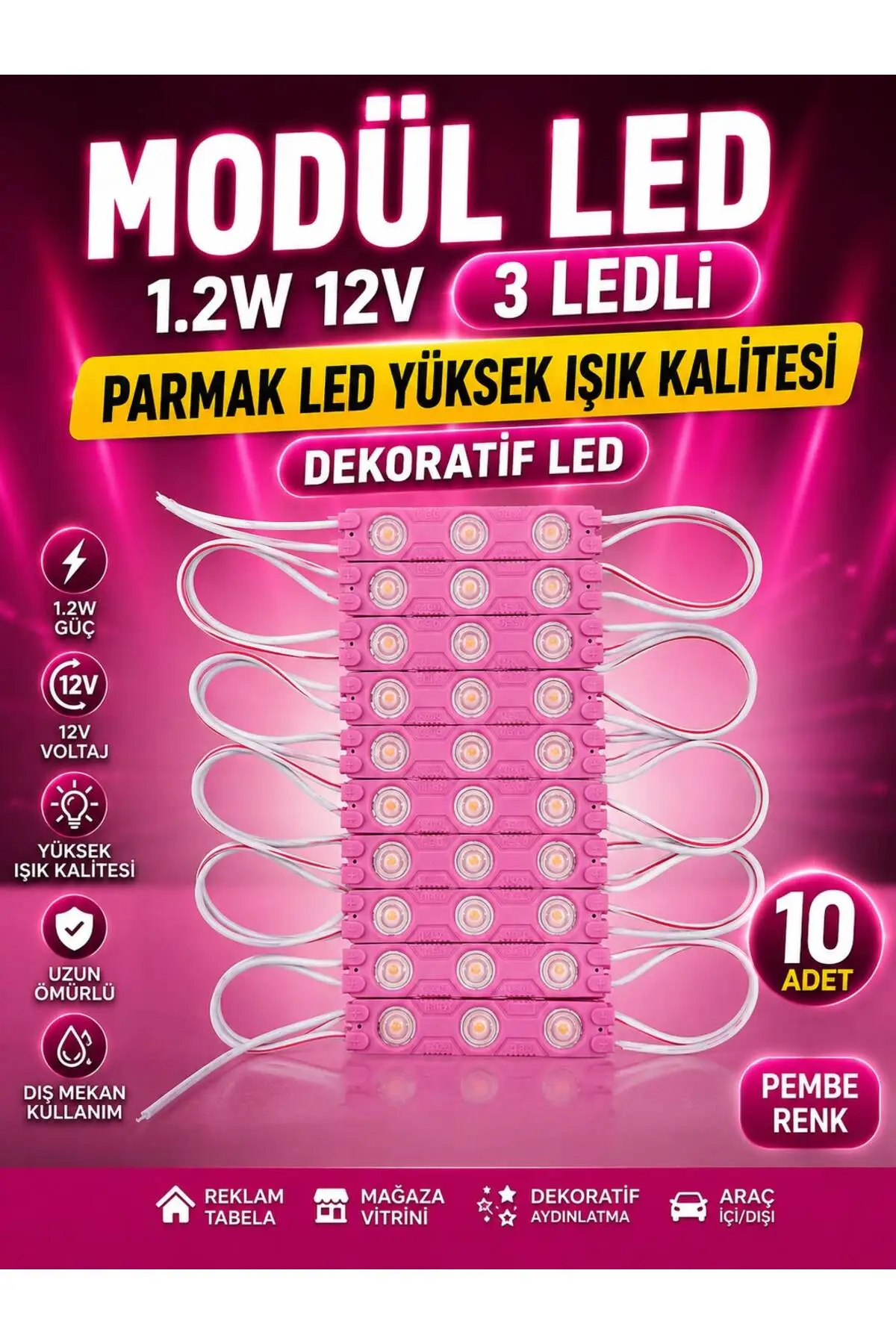 Modül Led 1.2w 12v 3 Ledli Parmak Led Yüksek Işık Kalitesi Dekoratif Led 10 Adet Pembe