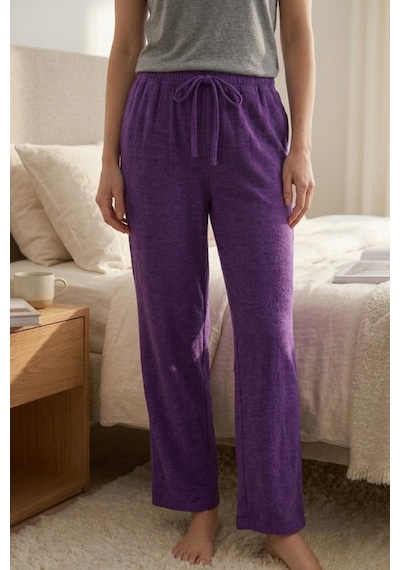 Mataş Kadın Büyük Beden Bürümcük Kumaş Pijama Altı Battal Boy Rahat Kesim Mor