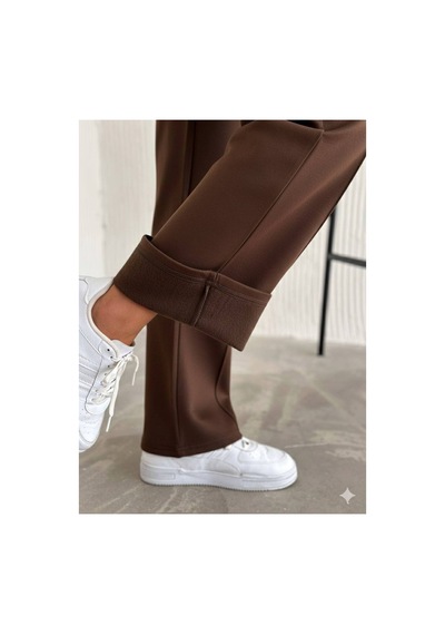 Gugus Kadın Modal Kumaş İçi Polarlı Kalın Alt Eşofman Bol Paça Wide Leg Kahverengi