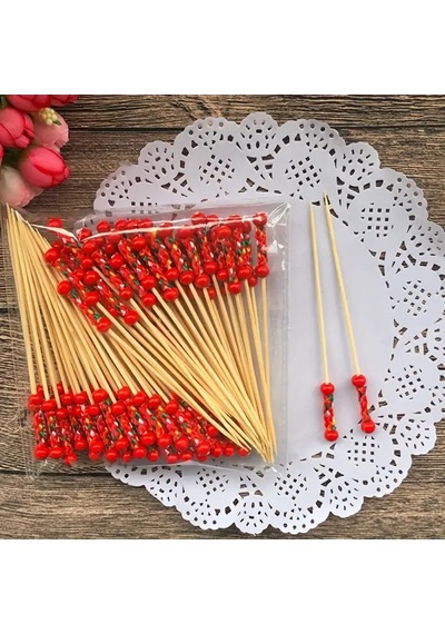 Bambu Kırmızı Örgülü Kürdan 12cm 100'lü , Sunum Kürdanı Sarı Diğer