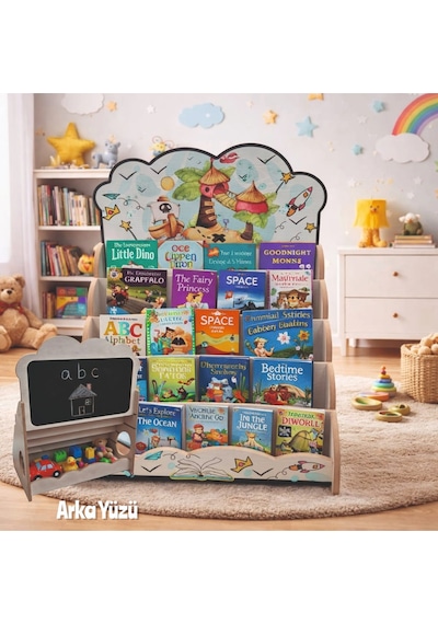 Montessori Yazı Tahtalı Hayal Dünyası Temali 5 Raflı Kitaplık Ve Oyuncak Saklama Yerli Çok Renkli Montessori Yazı Tahtalı Hayal Dünyası Temali 5 Raflı Kitaplık Ve Oyuncak Saklama Yerli Çok Renkli