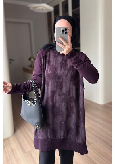 Kahijab Desenli İpek Cupra Merserize Tunik - Mürdüm
