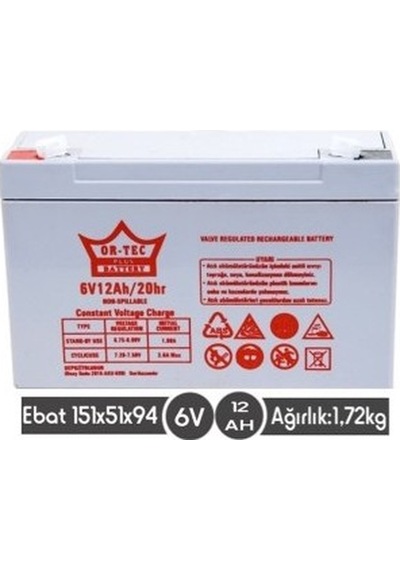 Ortec Akülü Çocuk Arabası Aküsü 6v 12a Pil Akü