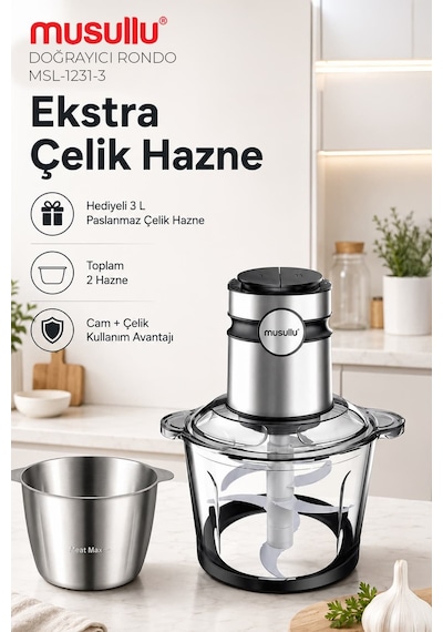Musullu Msl-1231-3 1000 W 3 L Çift Hazneli Doğrayıcı Rondo