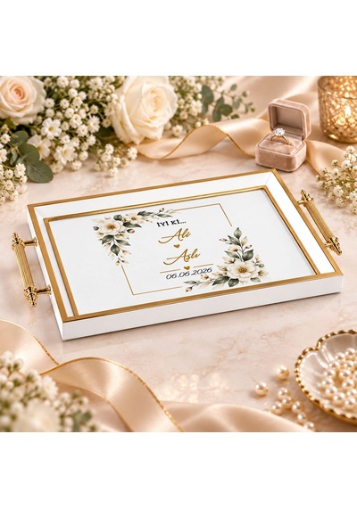 Bk Gift Kişiye Özel Beyaz&gold Söz Nişan Tepsisi-4 - 39x23 Cm Çok Renkli