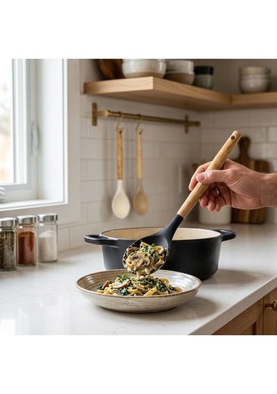 30 Cm Bambu Saplı Silikon Servis Kaşığı, Derin Hazneli Yemek Kaşığı, Makarna Sebze Pilav Ve Günlük Servis İçin Mutfak Kaşığı, Askı Delikli, 3 Renk Asorti Karışık Gönderim
