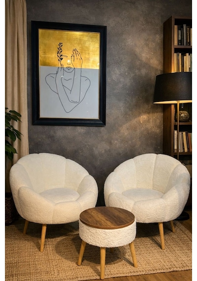 Papatya Berjer-ikili Berjer Seti Kırık Beyaz Peluş Kumaş Balkon, Ofis, Bahçe, Teras, Salon Seti Beyaz