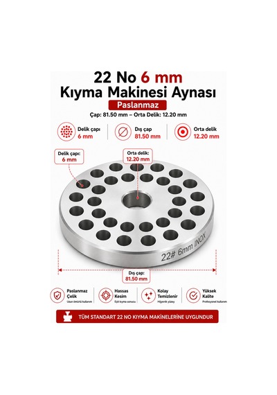 22 No 6 Mm Kıyma Makinesi Aynası Paslanmaz