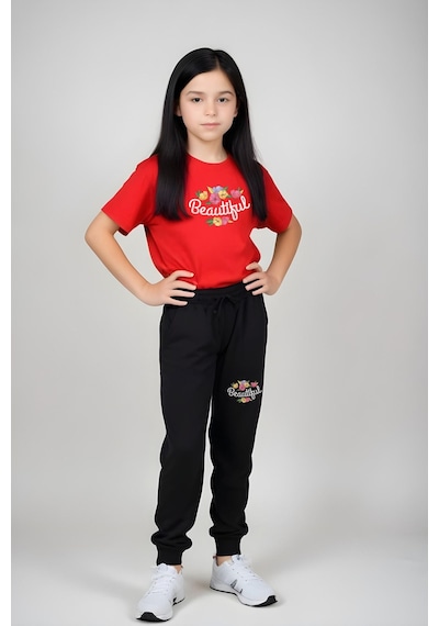Panios Kids Beautiful Baskılı Kız Çocuk Tişört Ve Eşofman Alt-üst Takım Kırmızı