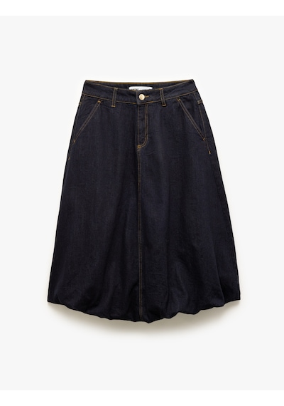 Koton Düğmeli Cep Detaylı Denim Midi Balon Etek Koyu İndigo 5sal70024md Dark Indigo