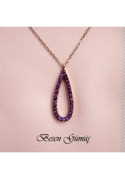 Pembe Taşlı İçi Boş Damla Kolye Rose - Gold -  Gümüş