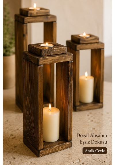 3'lü Dekoratif Ahşap Mumluk Seti, Tealight Mumluk Lüks Mum Salon Balkon Mumluğu Ahşap Ahşap
