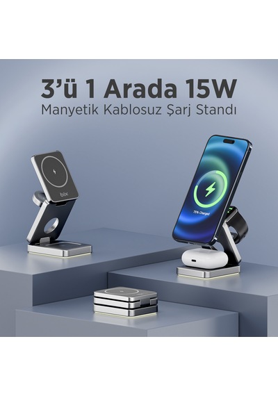 Bix BXMW7 15 W  Telefon Kulaklık Ve Saat İçin Kablosuz Şarj Standı