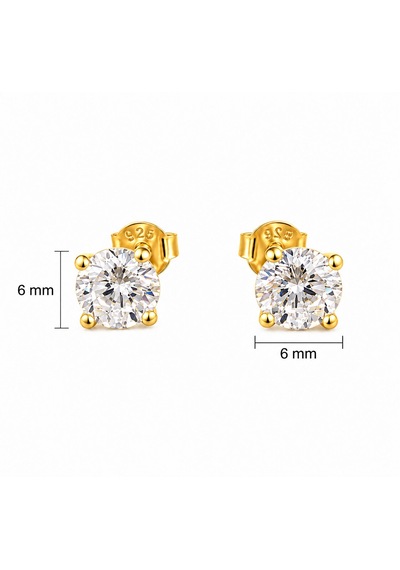 925 Ayar Gümüş 6 Mm Zirkon Taşlı Sarı Gold Kaplama Kadın Küpe Altın - Gümüş