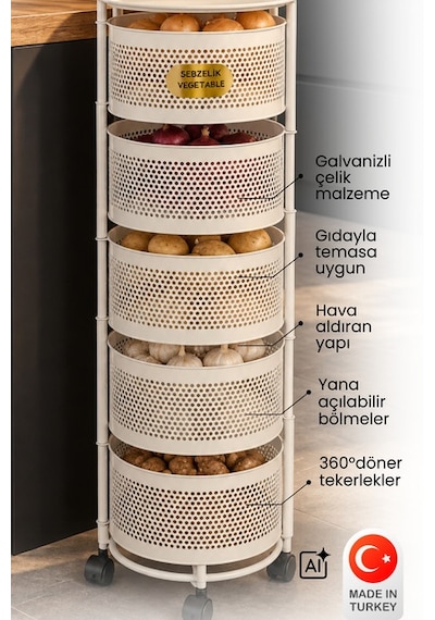 River World Tekerlekli Rengi Krem Açılabilen 5 Katlı Çok Amaçlı Metal Raf Mutfak, Balkon, Kiler Çok Renkli