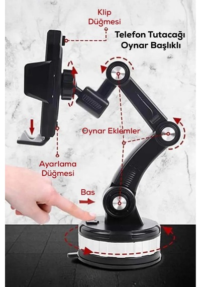 360 3 Eklemli Vakumlu Oto Telefon Tutucu Araç İçi Telefon Standı Döner Telefon Sabitleyici Aparat 1
