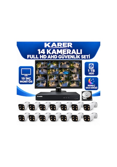 Karer 14 Kameralı 19 İnç Monitörlü Full Hd Ahd Güvenlik Seti 1 Tb Hdd
